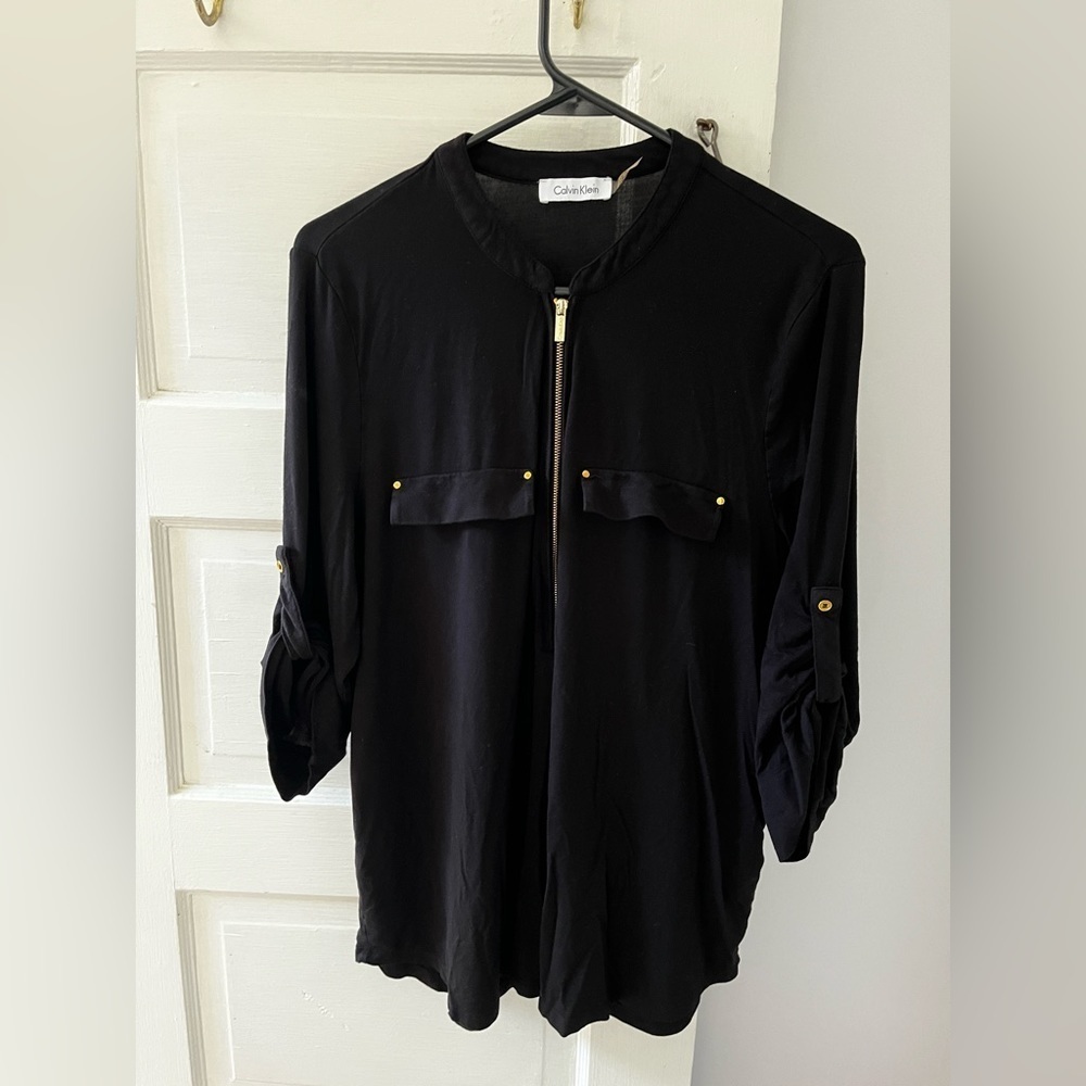 Calvin Klein womens xl black flowy blouse quarterzip